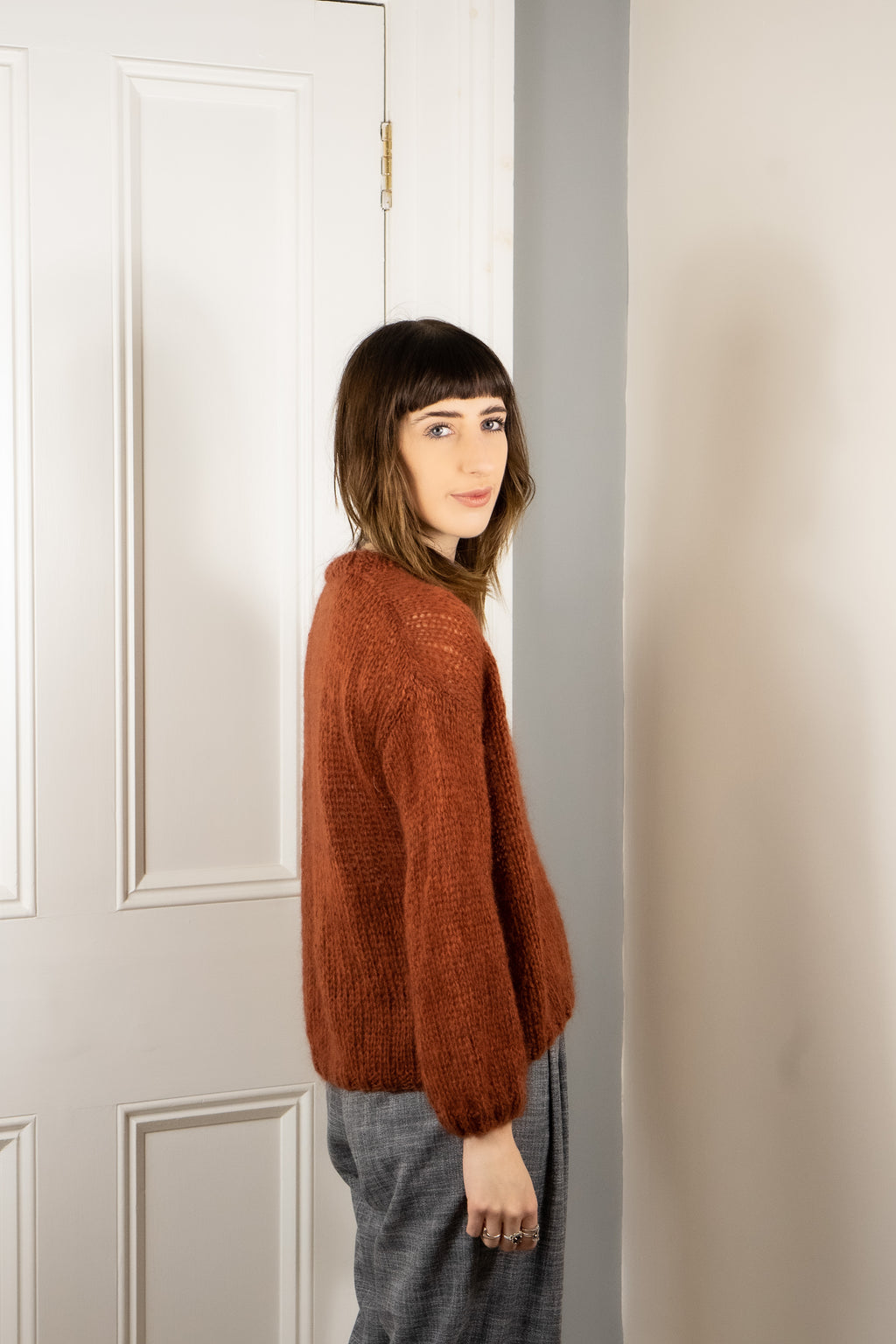 Hand Made Round Neck Mohair Jumper - Burnt Orange