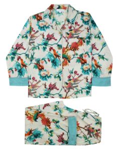 Audrey - Multi Coloured Hummingbird Print Ladies Pyjamas With Blue Trims