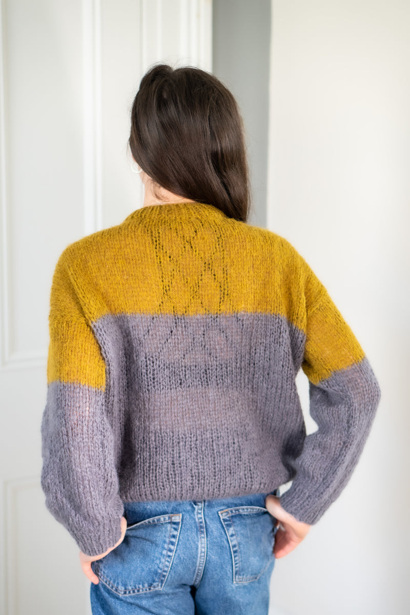 Hand Made Round Neck Mohair Jumper - Mustard/Grey