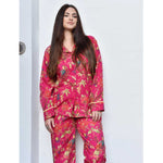 Edith - Fuchsia  Bird Print Ladies Pyjamas With Yellow Pom Pom Trims