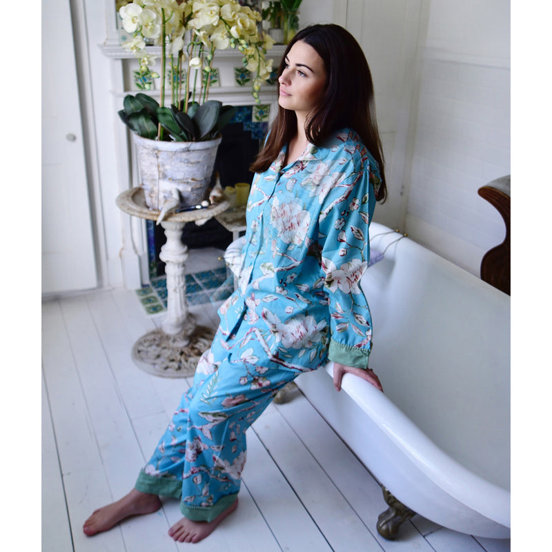 Estelle - Blue Blossom Pyjamas With Light Green Trims