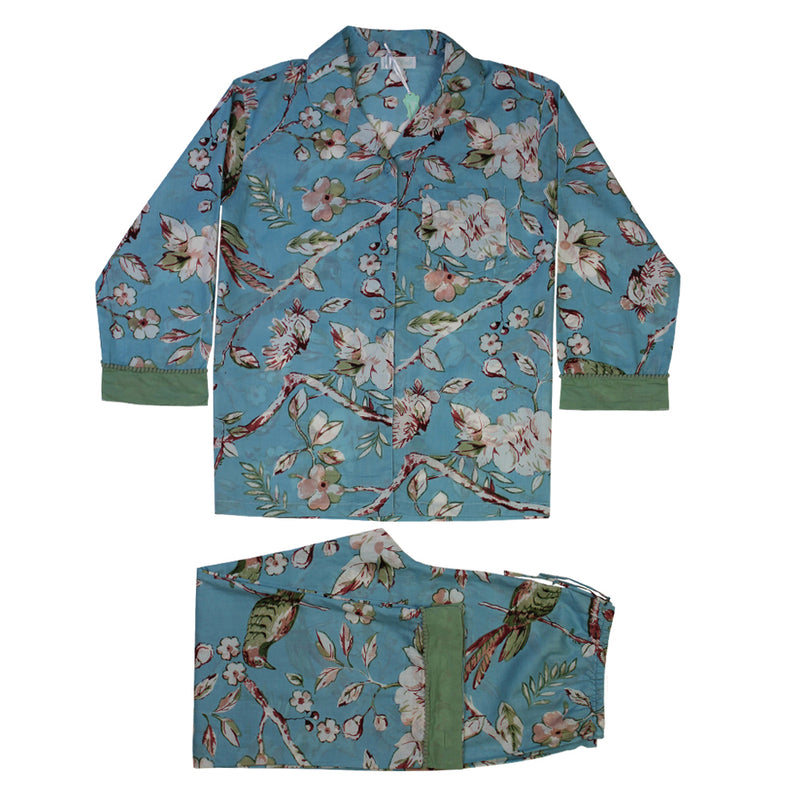 Estelle - Blue Blossom Pyjamas With Light Green Trims