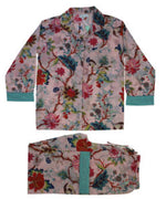 Ethel - Pink Exotic Flower Ladies Pyjamas With Blue Trim