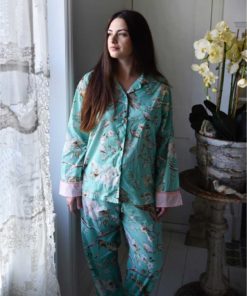 Gracey - Mint Blossom Print Ladies Pyjamas With Pink Trims